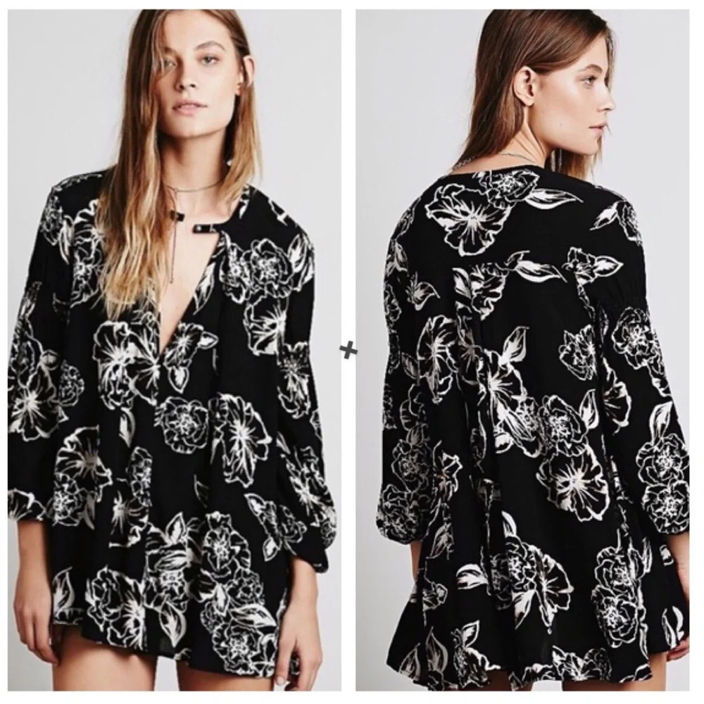 Free People Swing Out Of It Floral Black White Tunic Mini Dress Small